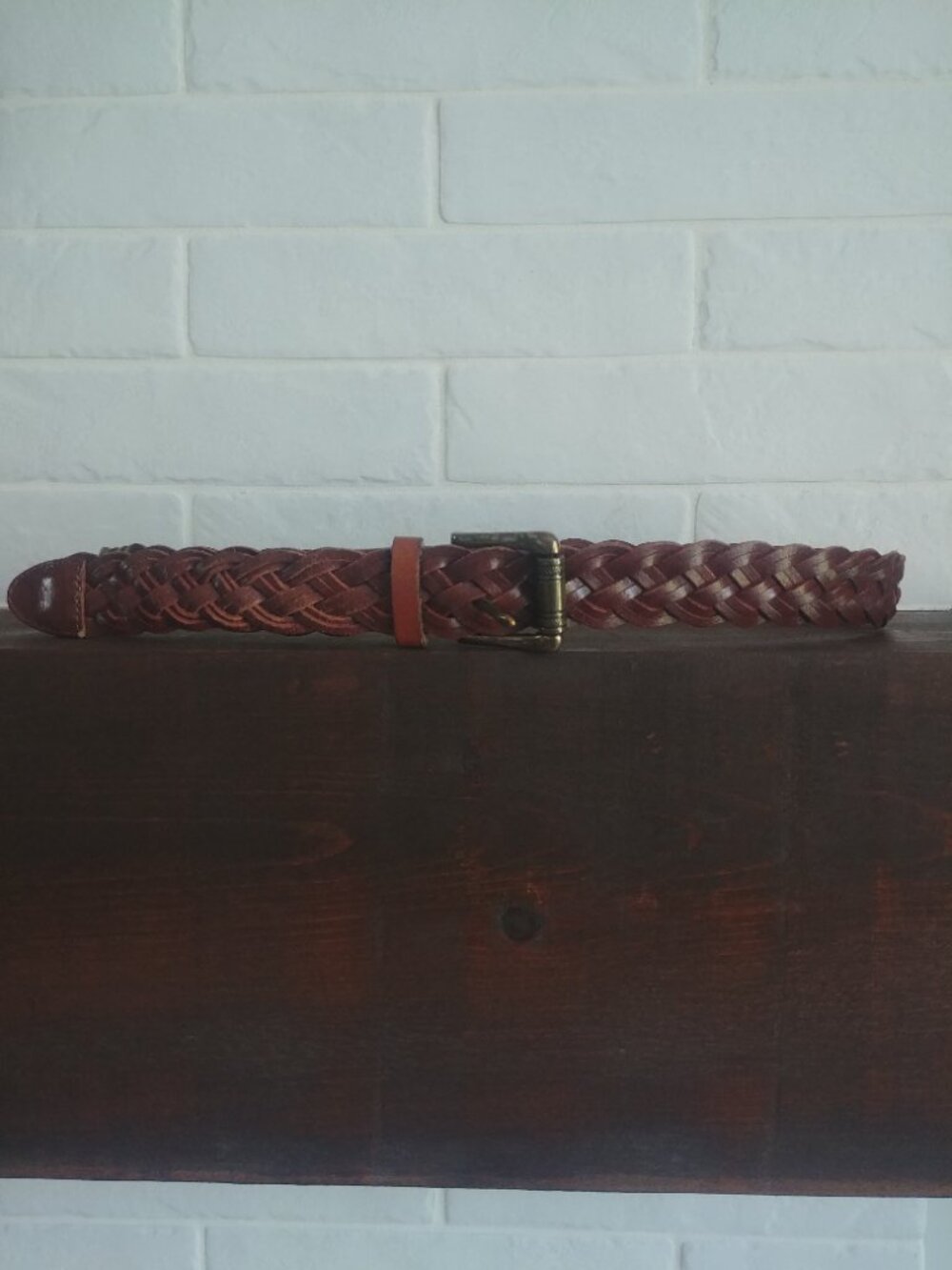 Brown braided woven leather belt Medium brass tone buckle